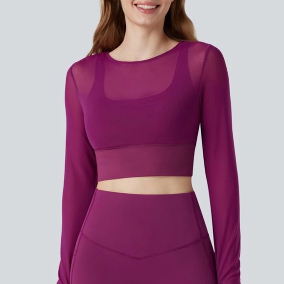 Halara Contrast Mesh Long Sleeve Thumb Hole 2-in-1 Cropped Yoga Sports Top - Picture 2 of 6